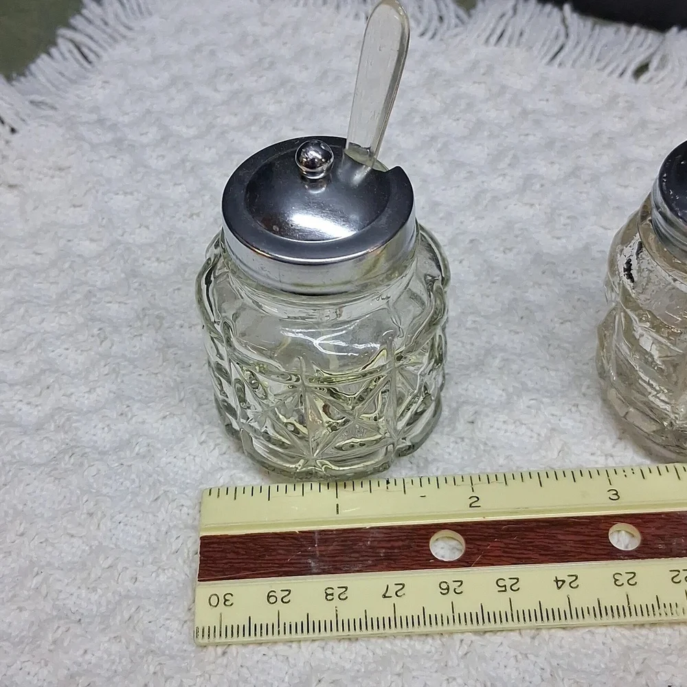 Vintage Anchor Hocking glass and metal wheelbarrow condiment set‎